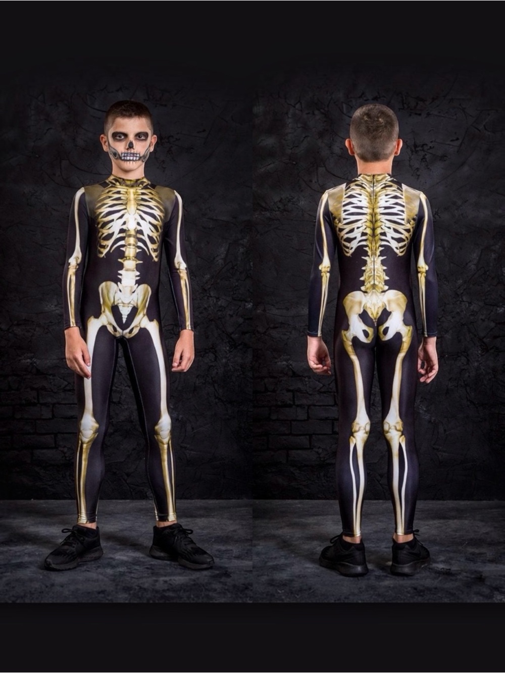 BADINKA Etsy Kids Skeleton Bodysuit Costume | Size XXS 3–4 | Black & Gold Lycra